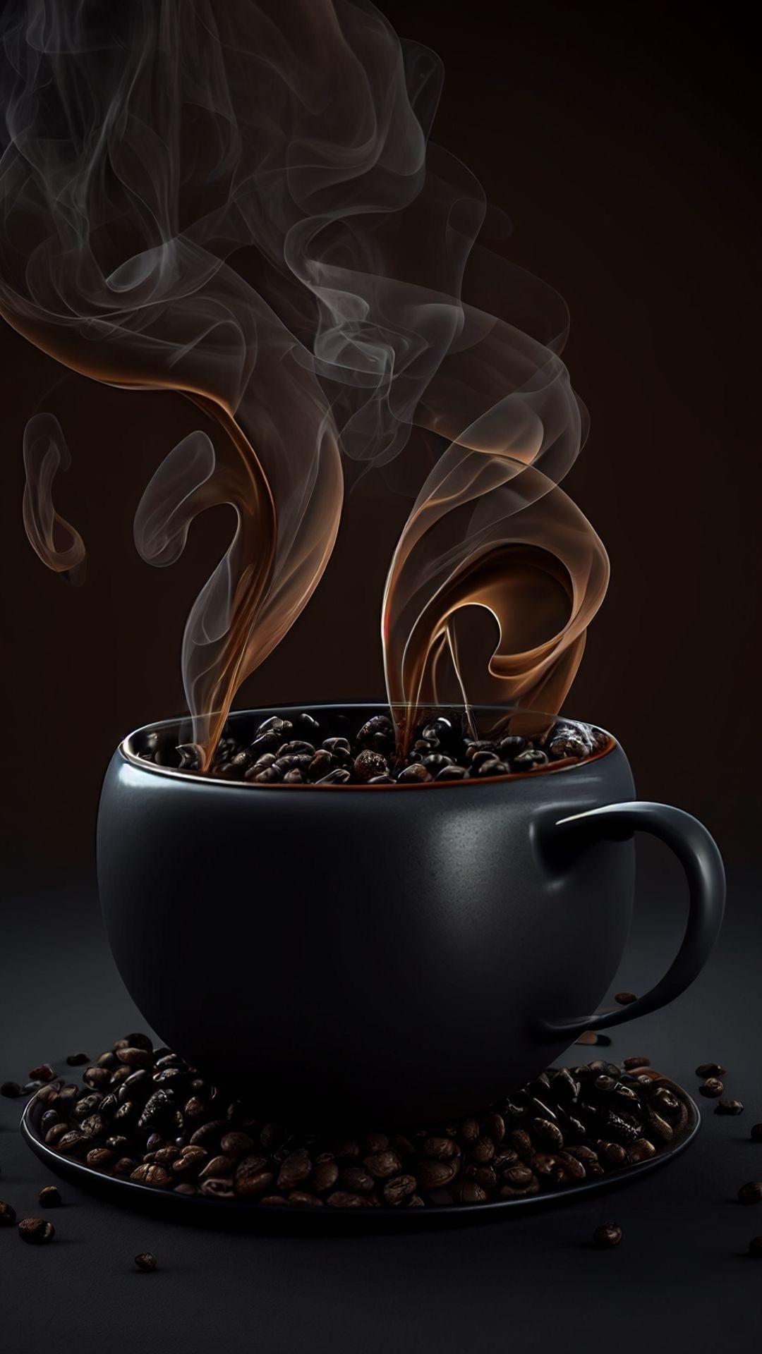 steaming cup of coffee beans